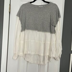 Fate Gray and Cream Boxy Tiered Long Sleeve Blouse